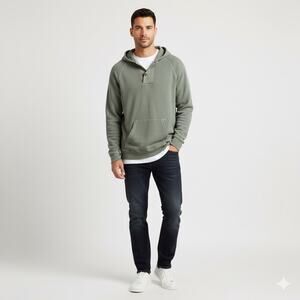 NSF Clothing Men’s XL Basquiat Henley Hoodie Pullover Olive Green Made in USA